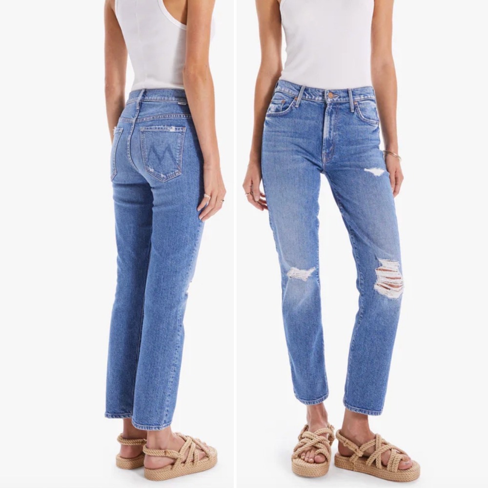 MOTHER The Insider Ankle Distressed Straight Leg Jean in Bloom and Doom